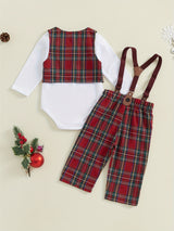 Baby Boy Christmas Outfit, Long Sleeve Romper with Plaid Overall Pants and Vest Infant Outfit