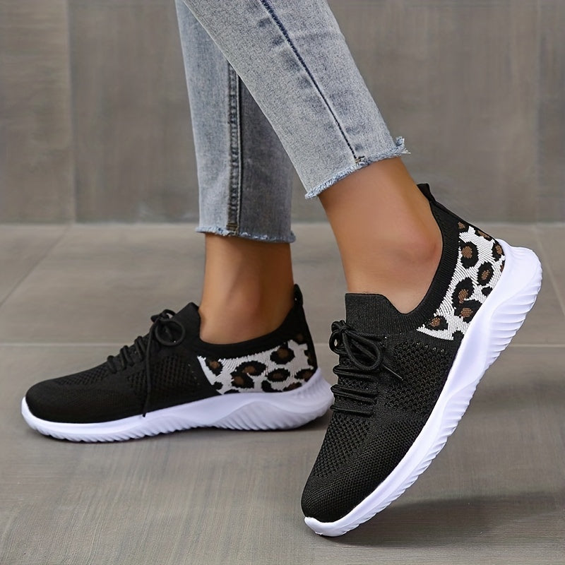 Women's Leopard Knit Sports Shoes, Breathable Lace Up Low Top Running Shoes, Casual Walking Tennis Sneakers