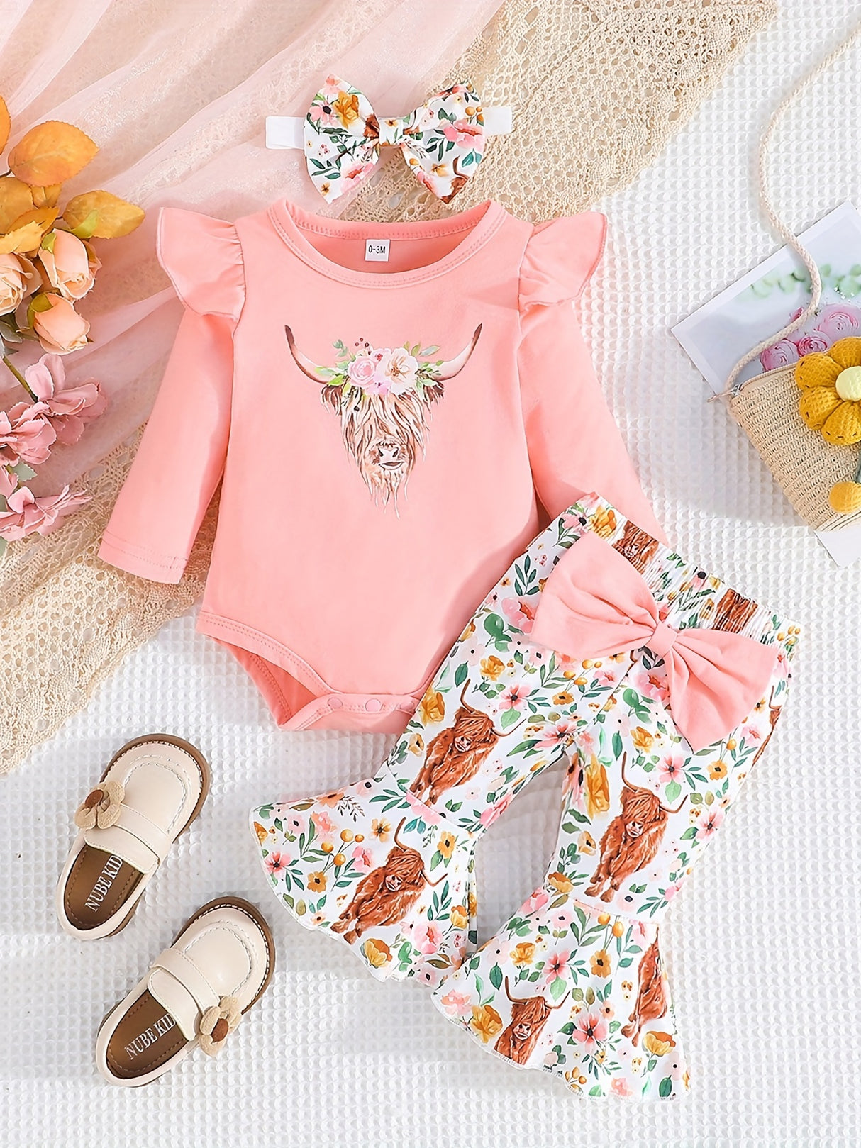 Cozy Cotton Blend Baby Girl 3-Piece Set - Cow Print, Long Sleeve, Bow Accents for Fall/Winter