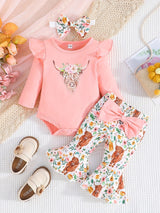 Cozy Cotton Blend Baby Girl 3-Piece Set - Cow Print, Long Sleeve, Bow Accents for Fall/Winter