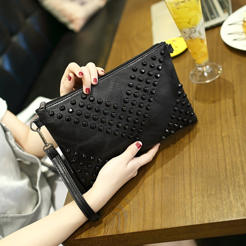 Trendy Punk Rivet Wristlet Clutch Bag for Women, Classic PU Leather Handbag