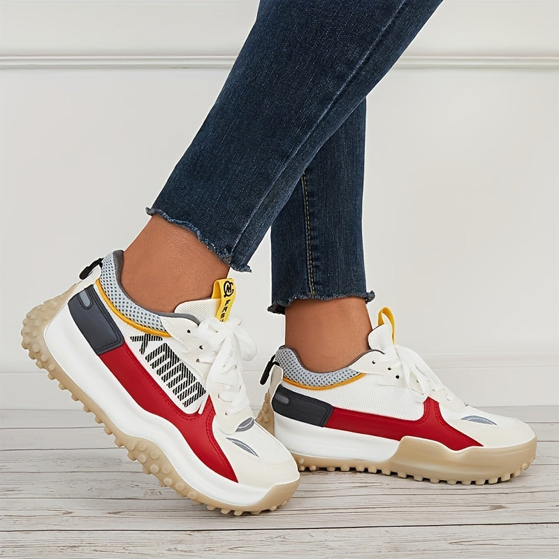 Women Thick Sole Shock Absorption Chunky Sneakers, Wear Resistance Lace Up Sport Shoes, Casual Versatile Breathable Comfortable Running Shoes