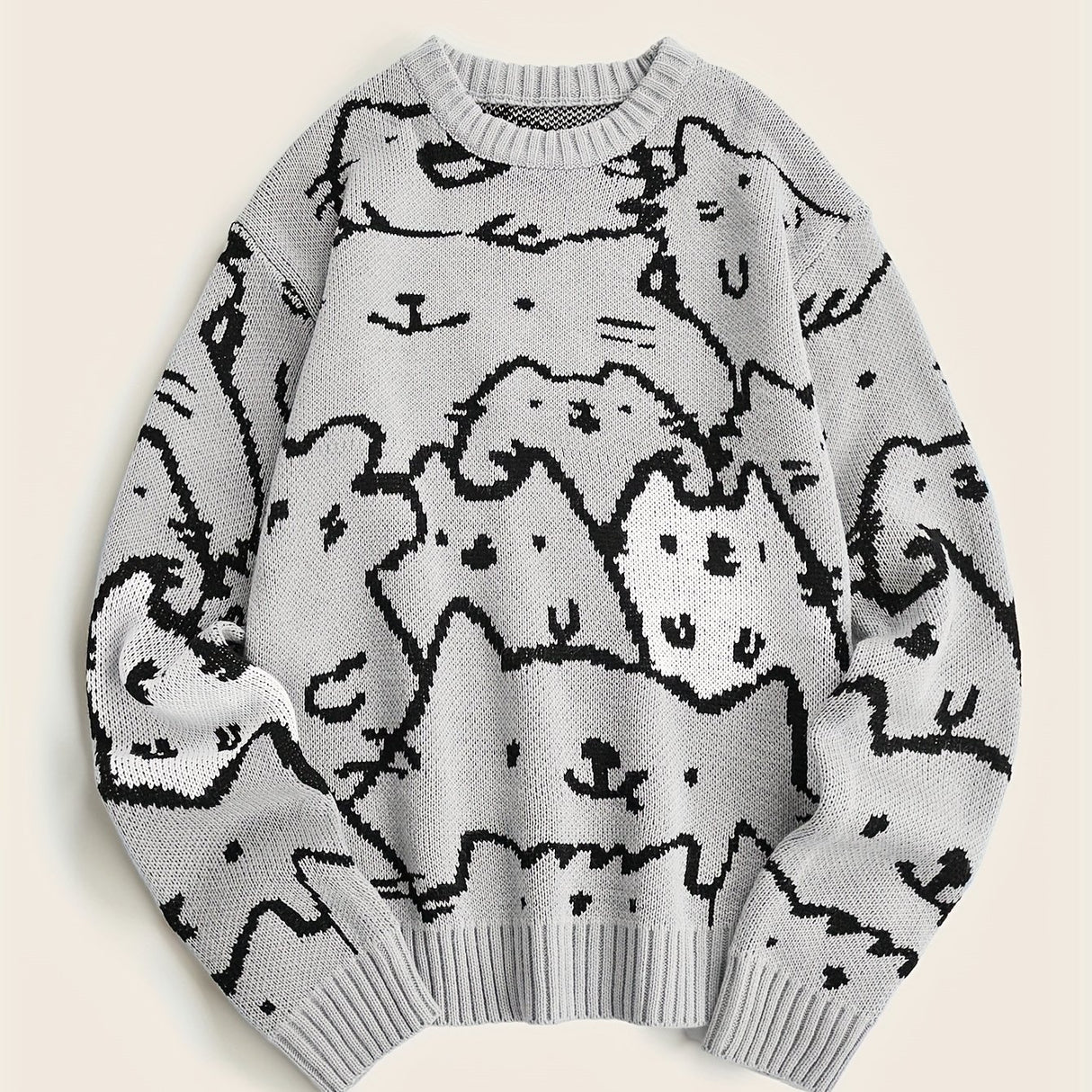 Cute Cats Pattern Knitted Sweater, Men's Casual Warm Slightly Stretch Crew Neck Pullover Sweater For Men Fall Winter
