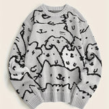Cute Cats Pattern Knitted Sweater, Men's Casual Warm Slightly Stretch Crew Neck Pullover Sweater For Men Fall Winter