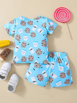 Boys Cartoon Biscuit And Milk Outfit Shorts & T-shirt Short Sleeves Crew Neck Casual Summer Kids Clothes
