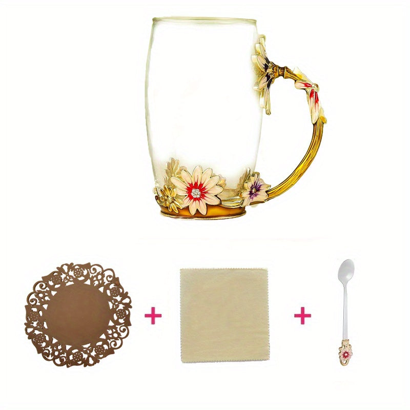 Set, Elegant Flower Pattern Tea Cup With Coaster And Spoon, 350ml/11.8oz Clear Glass Coffee Mug Set - Coffee Cups, Water Cups - For Summer & Winter - Suitable for Home & Office - Perfect Gift for Birthday
