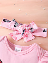 Baby Girl Butterfly Pattern Onesie, bow lace shorts, hair band three-piece set