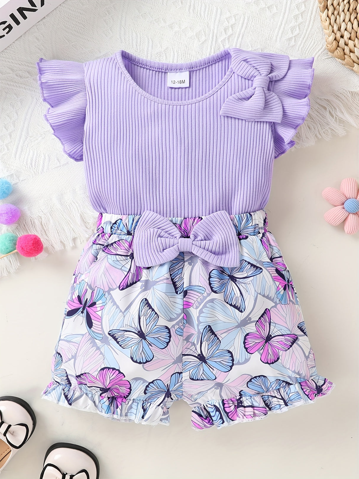 2pcs Set Of Elegant, Sweet And Cute Details For Little Girls, Butterfly Bow Ruffle Top And Butterfly Print Shorts Suitable For Summer Leisure Vacation Parties, for Outdoor