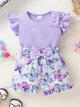 2pcs Set Of Elegant, Sweet And Cute Details For Little Girls, Butterfly Bow Ruffle Top And Butterfly Print Shorts Suitable For Summer Leisure Vacation Parties, for Outdoor