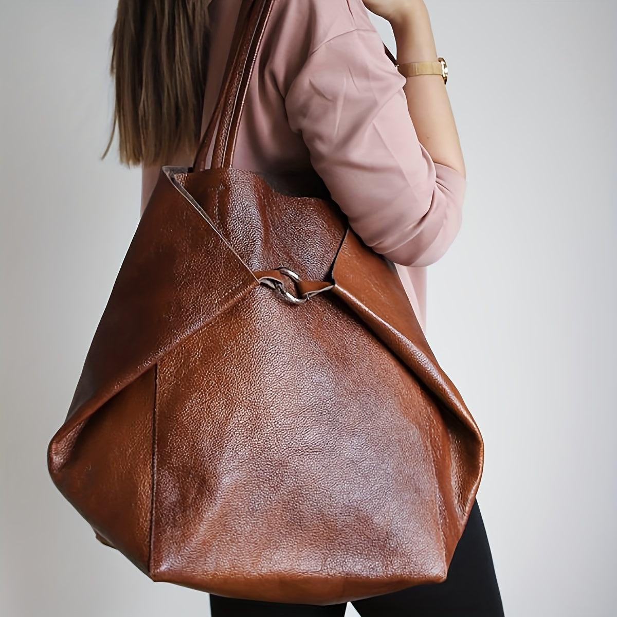 Large Capacity Retro Soft PU Leather Tote Bag - Stylish Buckle Closure Shoulder Bag with Spacious Interior - Trendy Handbag for Women with Classic Design