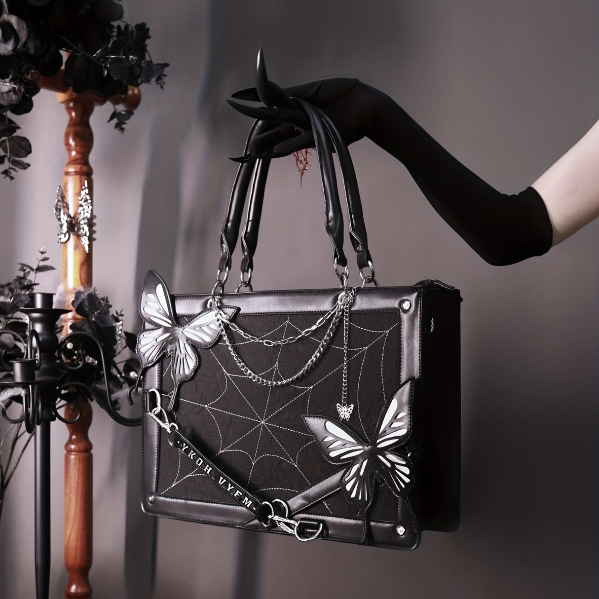 Gothic Butterfly Deco Tote Bag, Y2K Punk Crossbody Bag, Funky Shoulder Purse & Handbag For Girls
