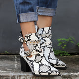 Women's Snakeskin Printed Ankle Boots, Fashion Pointed Toe Buckle Strap Chunky Heels, Casual Short Boots