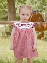 Toddler Girls Patriotic 4th of July Dress with American Flag Embroidery, Ruffled Sleeves & Bow Detail - Red Gingham A-Line Cotton Blend Beach Party Outfit for Independence Day Celebrations, Little Girls Outfit Sets