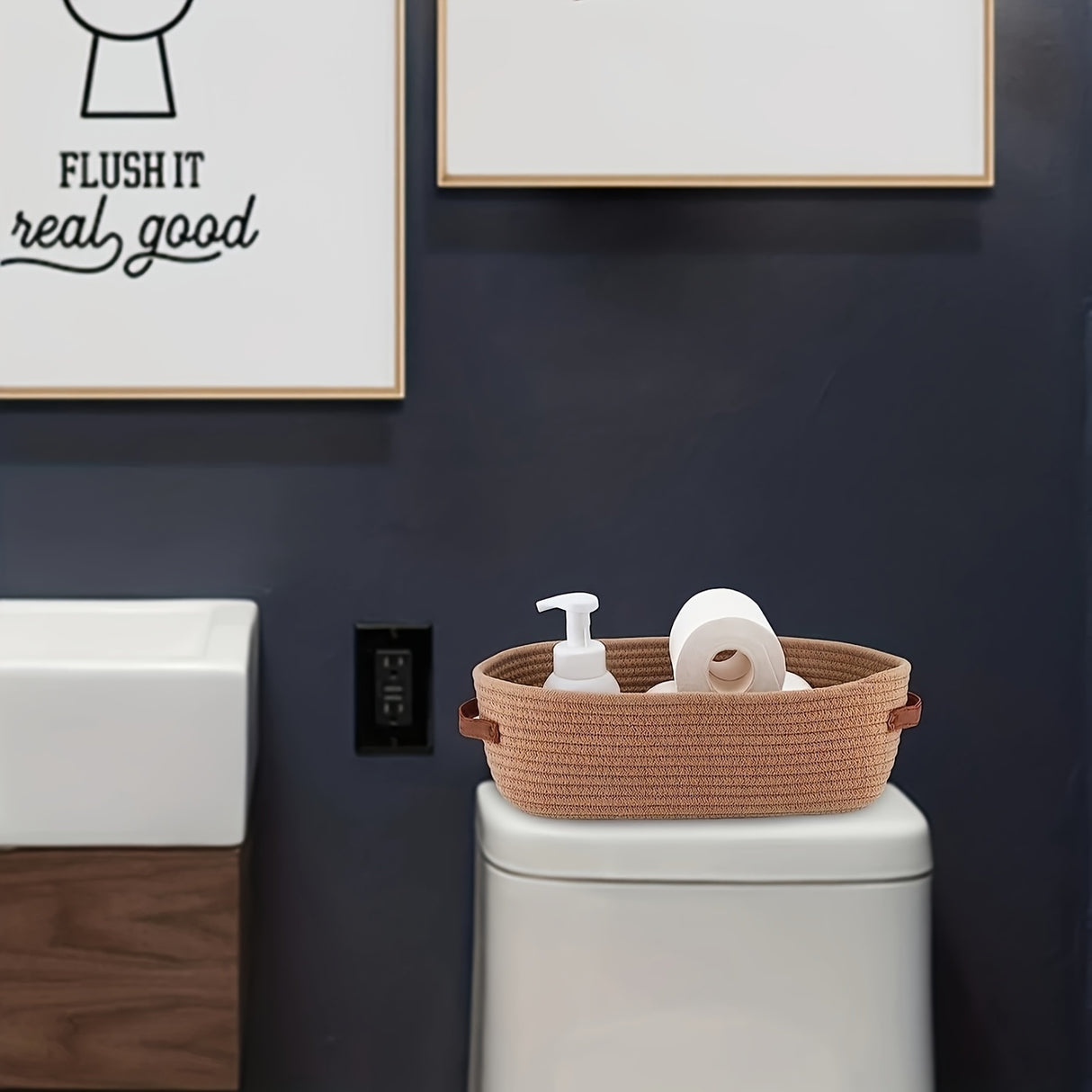 1pc Woven Storage Basket with Handle, Multifunctional Desktop Storage Box, Toilet Paper Storage Box On Top Of Toilet Top, double handle desktop home organizer - perfect bathroom essentials
