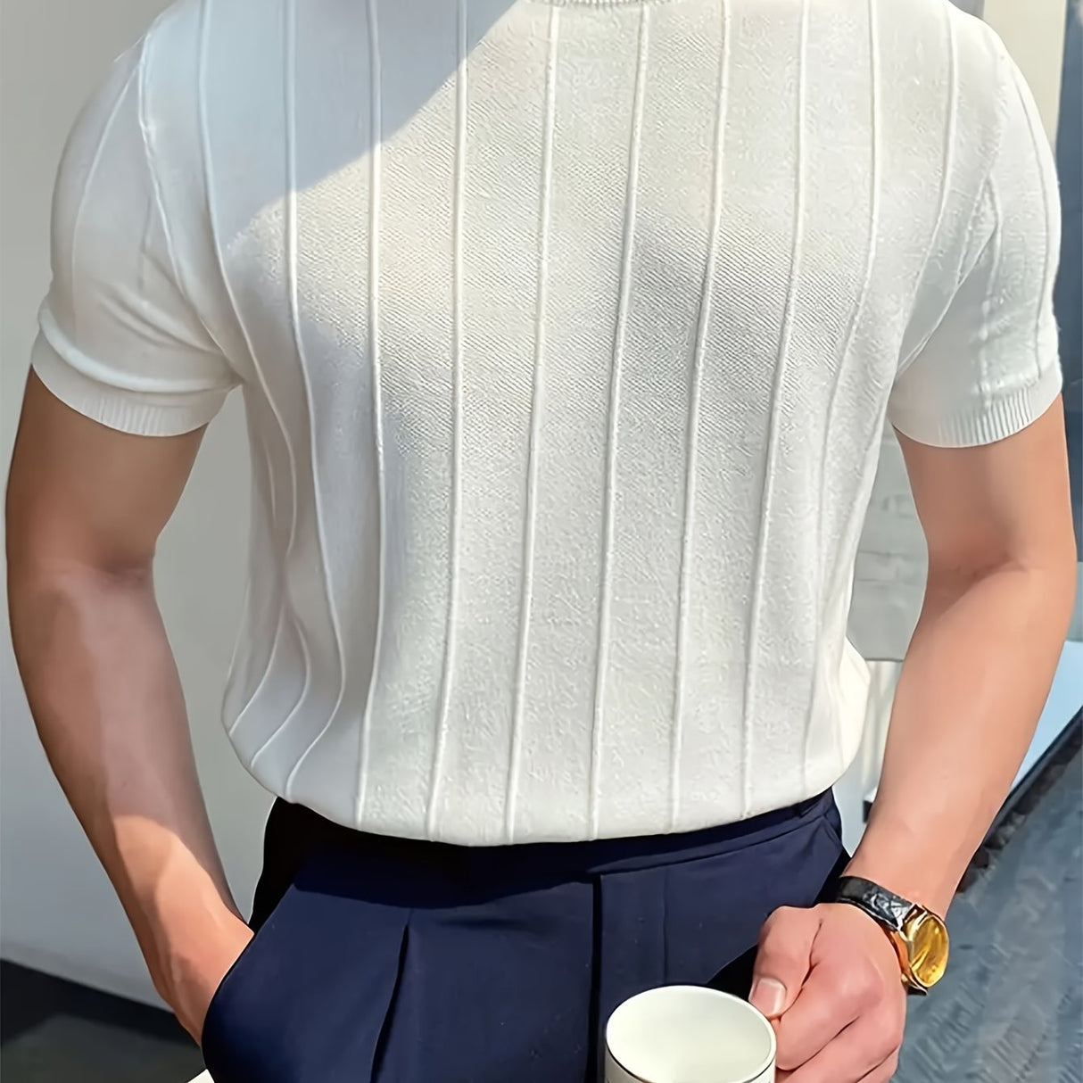 Solid Crew Neck Knitted Short Sleeve Sweater For Men, Casual Summer T-Shirt For Daily Wear And Vacation Resorts