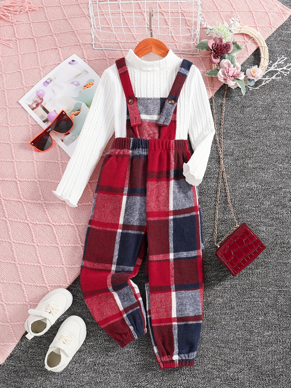 Girls 2pc, Solid Pullover Long Sleeve Top + Plaid Jumpsuit Kids Clothes For Spring Fall Outdoor