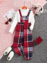 Girls 2pc, Solid Pullover Long Sleeve Top + Plaid Jumpsuit Kids Clothes For Spring Fall Outdoor