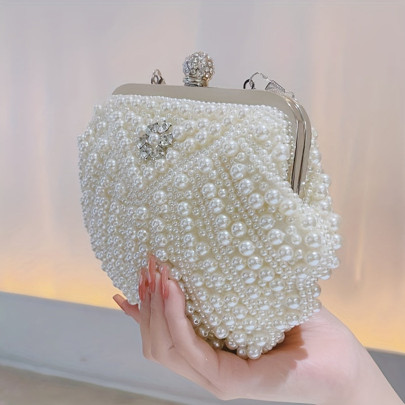 Shiny Event Clutch Bag, Buckle Metal Chain Handbag, Floral Handle Party Bag For Wedding