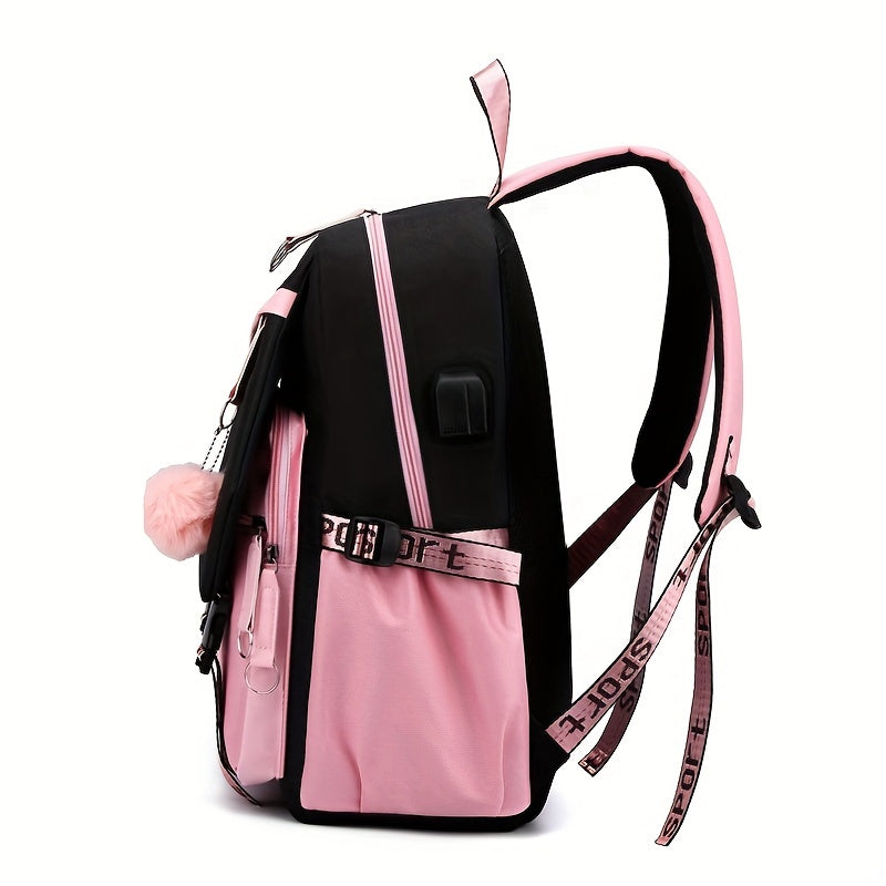 Sanrio Hello Kitty Backpack for Women, Preppy Style Oxford Textile with Adjustable Straps, Cartoon Character Themed, Stain-Resistant with Angel Wings Design, Zipper Closure and Polyester Lining, Animal Print Fashion School Ba
