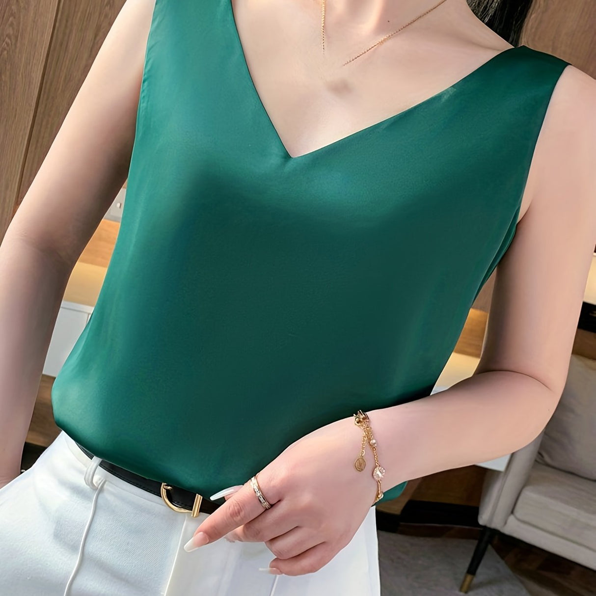 Elegant Summer V-Neck Tank Top for Women: Chic Sleeveless, Sexy Slingback Design, Polyester-Spandex Blend