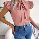 Bow Tie Flutter Sleeve Blouse, Elegant Sleeveless Solid Ruffle Trim Blouse, Women's Clothing Wedding holiday vacation