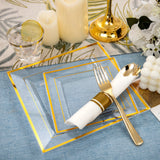175 PCS Clear Gold Plastic Plates, Gold Plastic Dinnerware Sets Includes: 25 Dinner Plates, 25 Salad Plates, 25 Pre Rolled Napkins with Gold silverware, 25 Cups 9 OZ, Perfect for Wedding and Party (gold/rose gold), Hand washa