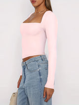 Women's Slim Fit Crop Tops Long Sleeve Square Neck Solid Color T-Shirt Dressy Blouses