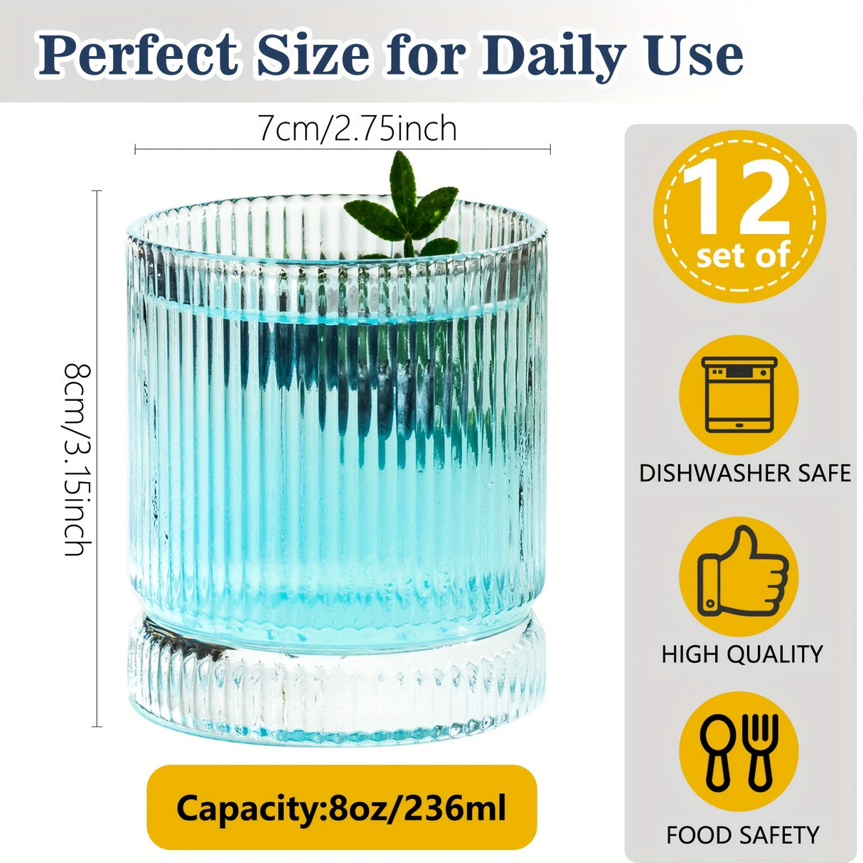 12Pcs, Ribbed Glasses, Drinking Glass Set, Vintage Glassware for Kitchen, Old Fashioned Whiskey Tumblers, Perfect for Juice, Cocktails, and Beverages