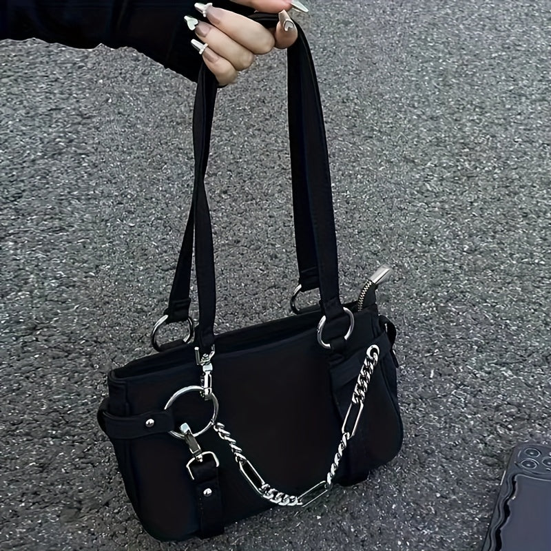 Black Solid Color Trendy Shoulder Bag, Chain Decor Versatile Underarm Bag, Zipper Nylon Stylish Handbag Tote Bag