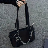 Black Solid Color Trendy Shoulder Bag, Chain Decor Versatile Underarm Bag, Zipper Nylon Stylish Handbag Tote Bag