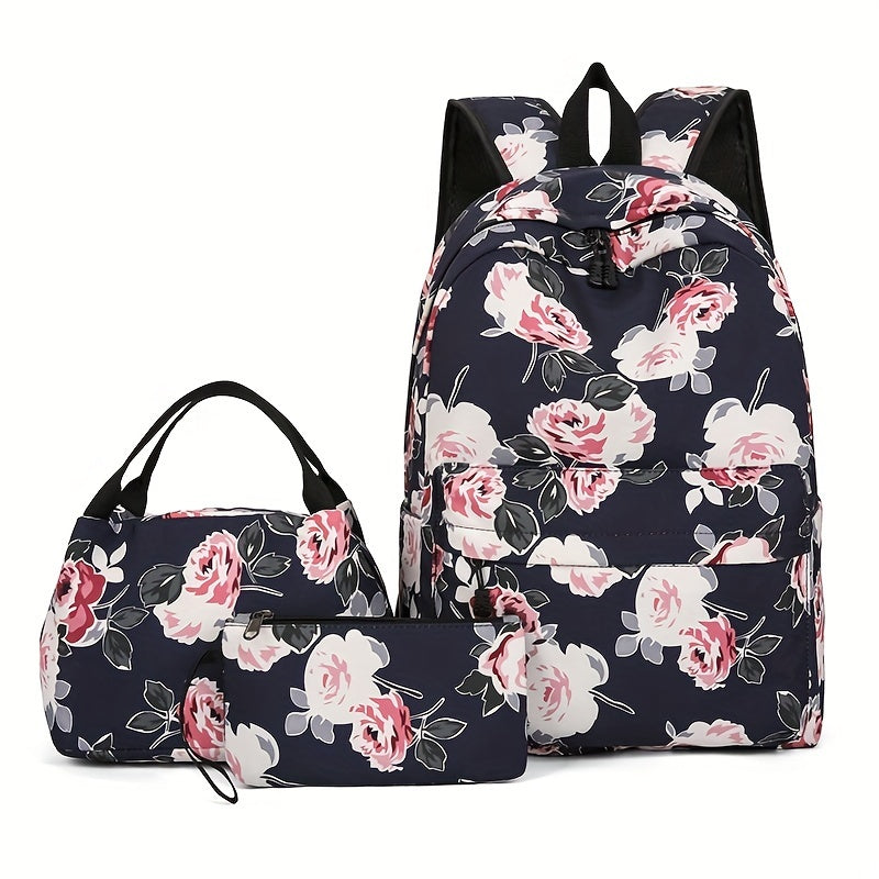 3-Piece Set Floral Fashion Backpack Collection - Stylish Student School Bag with Insulated Lunch Zipper Handbag & Detachable Zipper Clutch Bag for Girls and Women