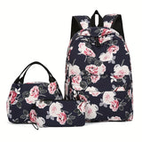 3-Piece Set Floral Fashion Backpack Collection - Stylish Student School Bag with Insulated Lunch Zipper Handbag & Detachable Zipper Clutch Bag for Girls and Women