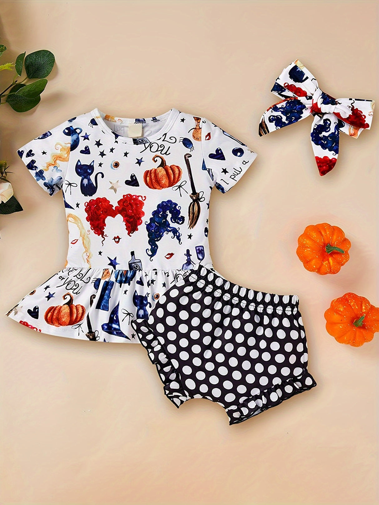 3pcs Baby Girl 1st Halloween Clothes Ruffle Sleeve T Shirt Top+Polka Dot Short+Headband Witch Costume Outfits