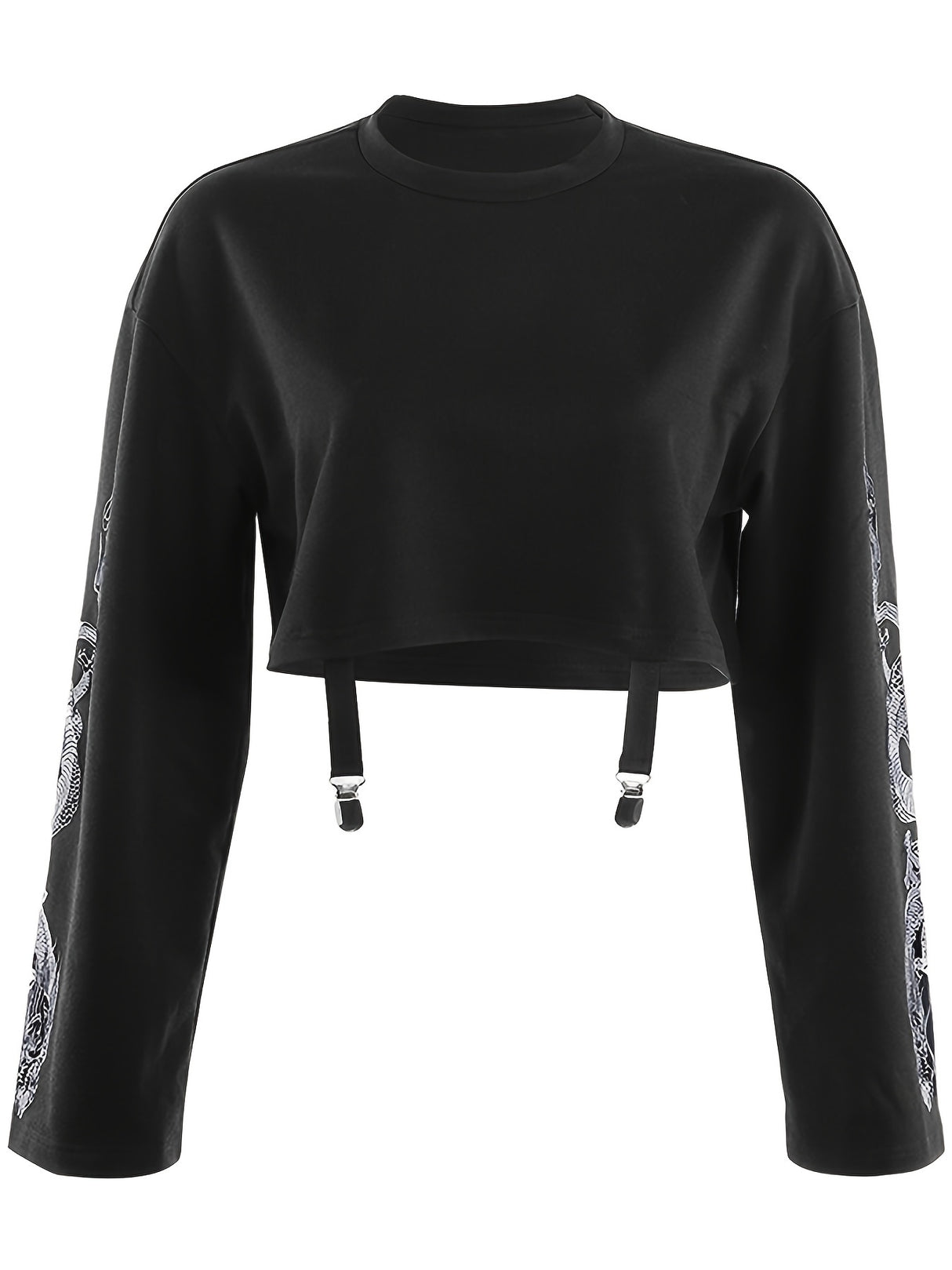 Women Long Sleeve Crop Tops Chinese Dragon Print O Neck Punk T-Shirt Girls Fashion Casual Hip Hop Pullover