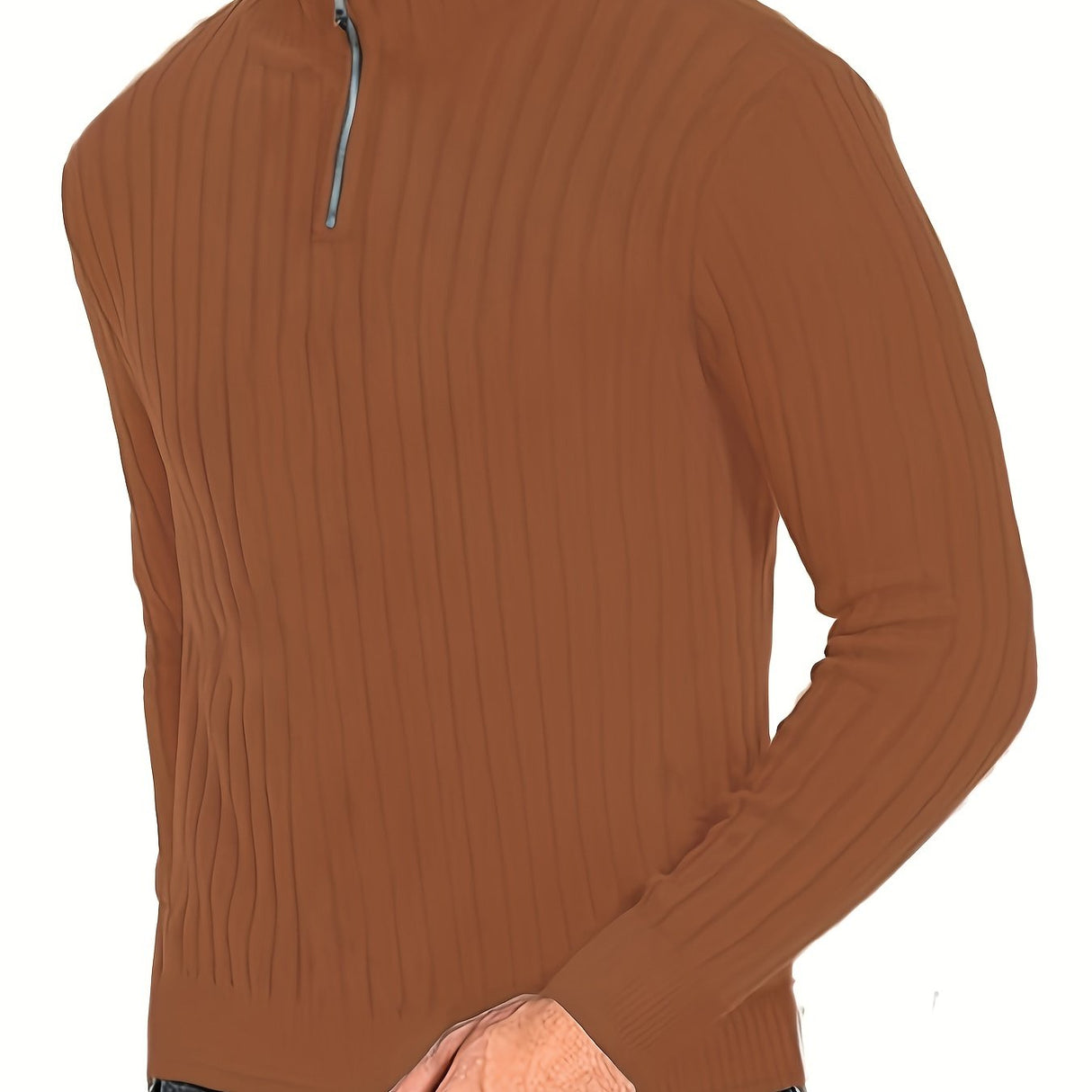 Men's Stand Collar Solid Knit Sweater, Men's Casual Lapel Slightly Stretch V-Neck Pullover Sweater For Men Winter Fall
