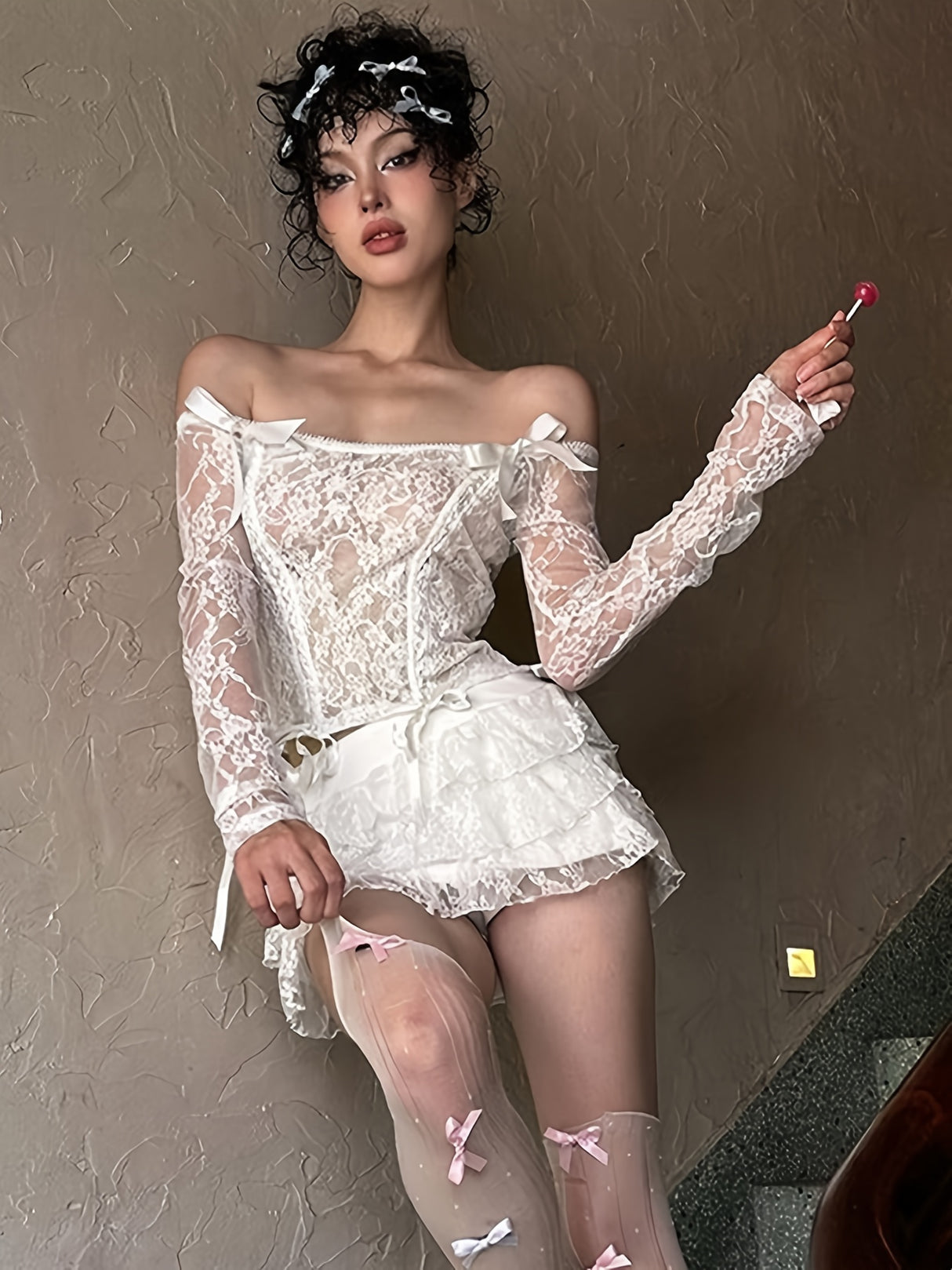 Women'S Summer Lace Outfits Long Sleeve Off Shoulder Crop Tops + Layered Mini Skirt Set Party Clothes