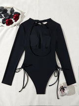 Sexy Crew Neck One-Piece Swimsuit for Women with Removable Padding, Side Lace-Up Detail, Long Sleeve, Solid Color, High Stretch Polyamide and Elastane Blend, Knit Fabric