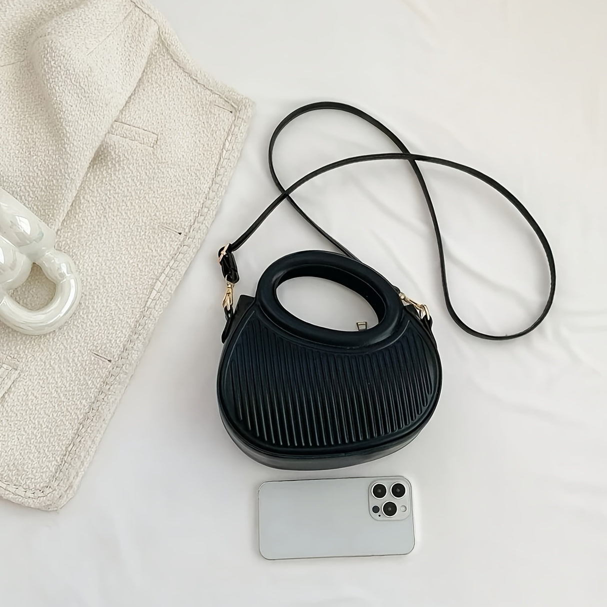 Chic Black Embossed Stripe Crossbody Bag for Women - Elegant Synthetic Leather Handbag with Golden-Tone Hardware, Versatile Shoulder Purse for Everyday Use, Versatile Shoulder Bag | Chic Stripe Design | Luxury Look Purse
