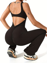 Women Sleeveless Flare Jumpsuits Sexy Backless Tank Tops Bodycon Scrunch Butt Yoga Rompers Seamless Playsuit