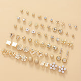 30 Pairs Bowknot Faux Pearl Heart Flower Water Drop Star Metal Simple Earrings Set