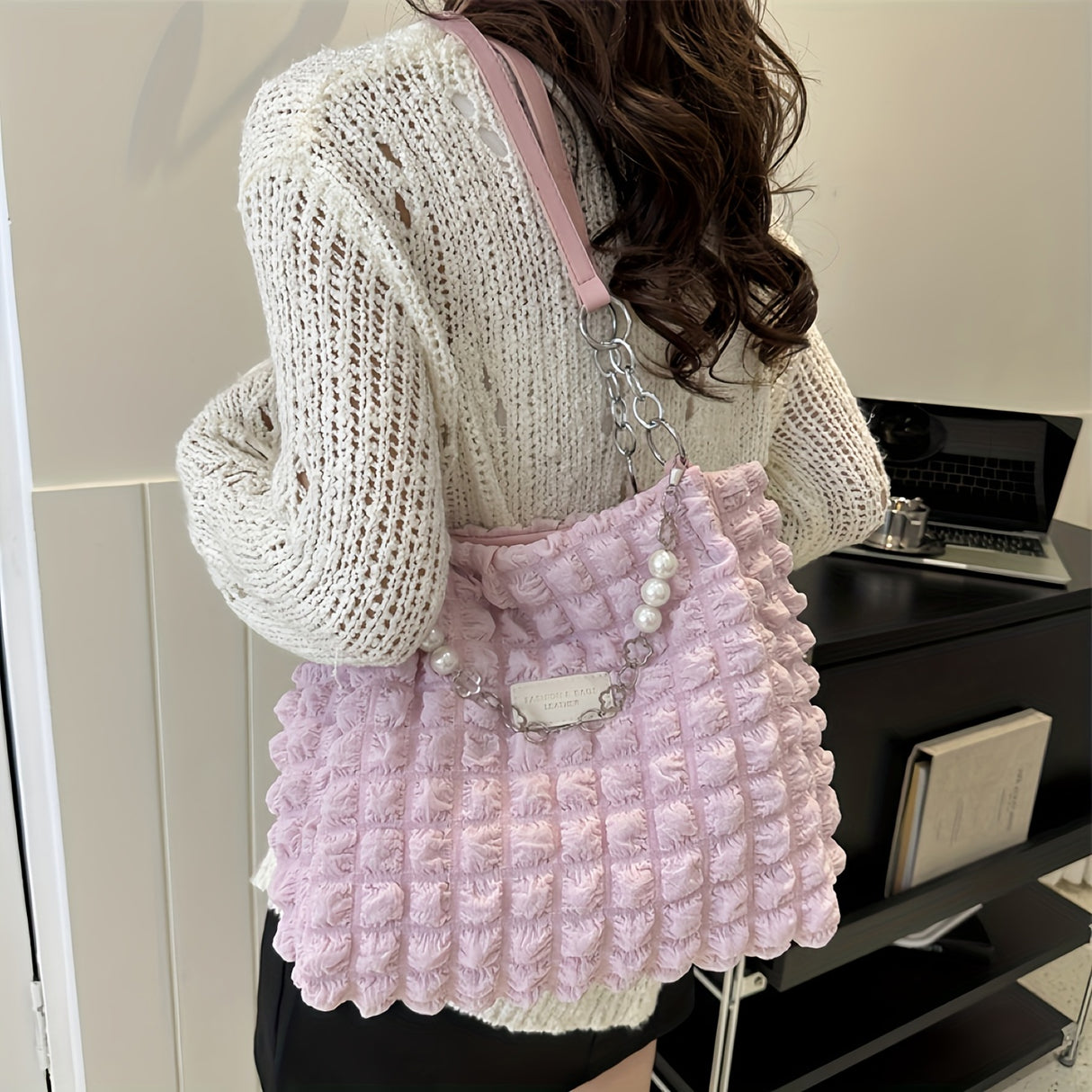 Pleated Bubble Shoulder Bag, Aesthetic Cloud Ruched Tote Bag, Fashion Soft Handbag For Women