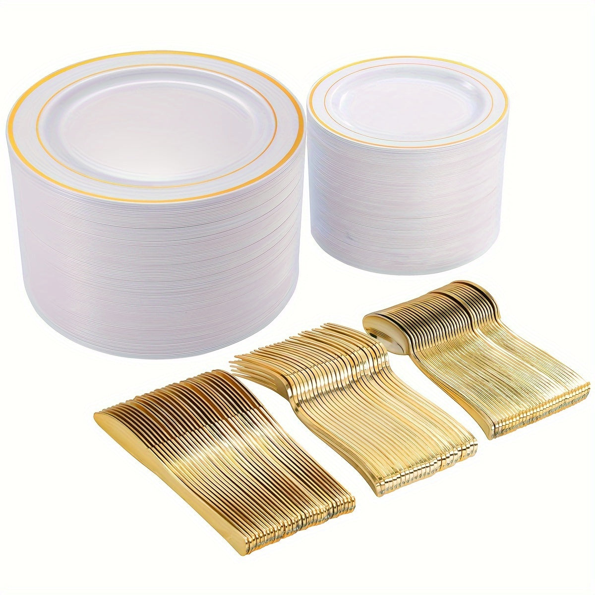 500 Pcs Golden Plastic Plates with Golden Silverware, White Golden Plastic Dinnerware Set for Party include: 100 Dinner Plates 10.25 inch, 100 Dessert Plates 7.5 inch, 100 Golden Silverware Sets