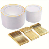 500 Pcs Golden Plastic Plates with Golden Silverware, White Golden Plastic Dinnerware Set for Party include: 100 Dinner Plates 10.25 inch, 100 Dessert Plates 7.5 inch, 100 Golden Silverware Sets