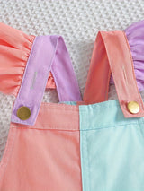 Vibrant Color Block Overall Dress for Little Girls - Soft Cotton, Slight Stretch, Frill Straps, Versatile & Chic Suspender Design, Machine Washable, Perfect Birthday Gift for Summer Casual Wear