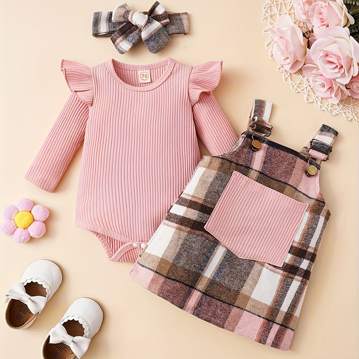 3-piece Baby Girl Autumn Solid Color Pit Stripe Long Sleeve Jumpsuit with Chest Pocket & Adjustable Shoulder Strap - Plaid Skirt & Headband Set - For Girls 0-12 Months - Perfect for Fall Outfits & Photoshoots - Ideal Gift for