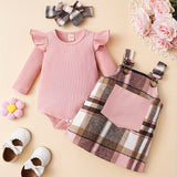 3-piece Baby Girl Autumn Solid Color Pit Stripe Long Sleeve Jumpsuit with Chest Pocket & Adjustable Shoulder Strap - Plaid Skirt & Headband Set - For Girls 0-12 Months - Perfect for Fall Outfits & Photoshoots - Ideal Gift for
