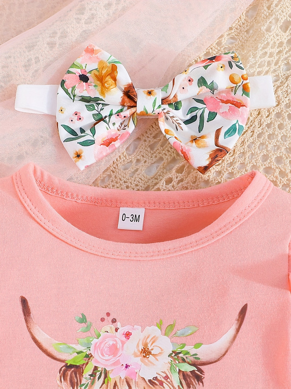 Cozy Cotton Blend Baby Girl 3-Piece Set - Cow Print, Long Sleeve, Bow Accents for Fall/Winter