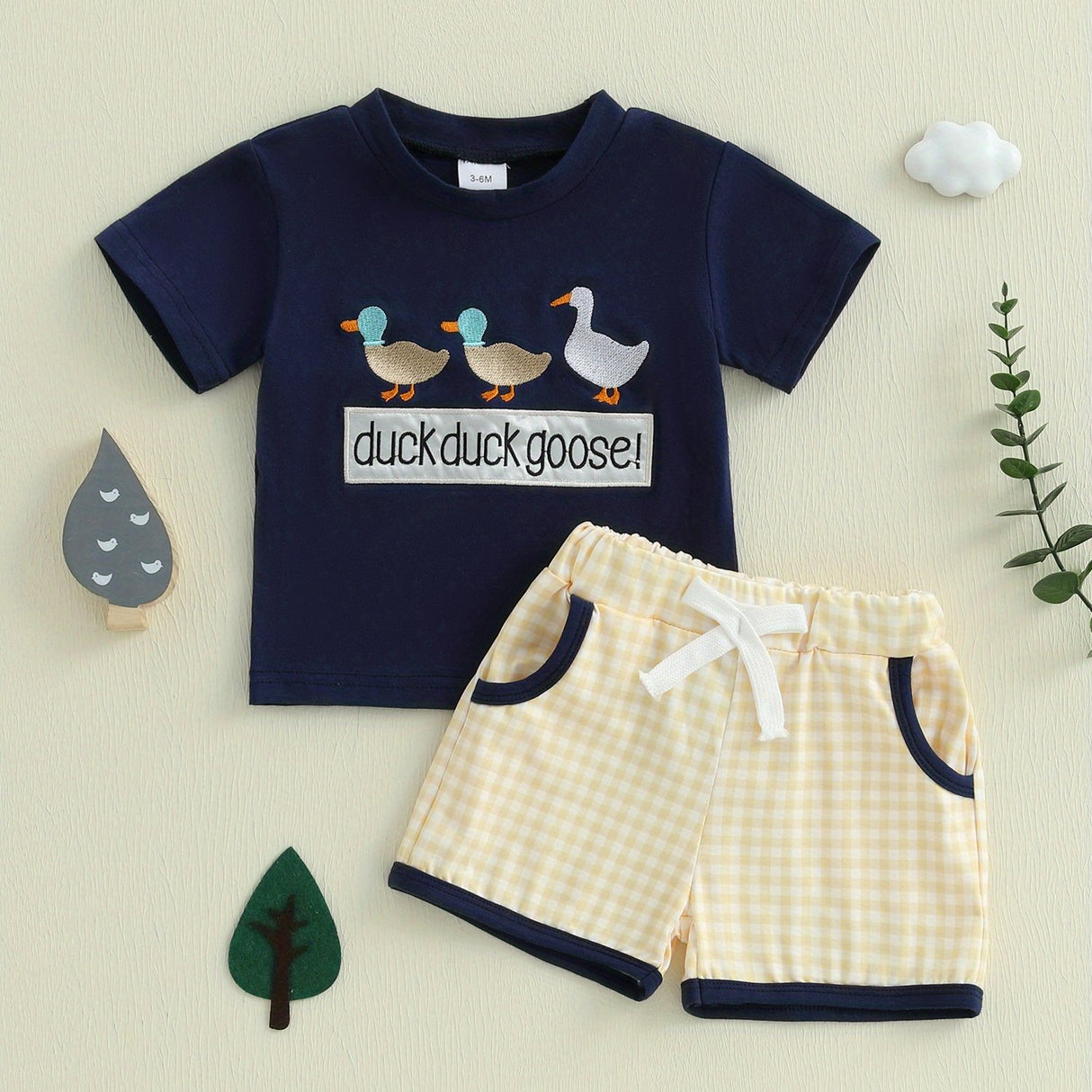Toddler Boys Summer Outfits Letter Duck Embroidery Round Neck Short Sleeve T-Shirts Plaid Elastic Waist Shorts 2pcs Clothes Set, for Outdoor