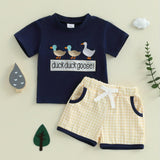 Toddler Boys Summer Outfits Letter Duck Embroidery Round Neck Short Sleeve T-Shirts Plaid Elastic Waist Shorts 2pcs Clothes Set, for Outdoor