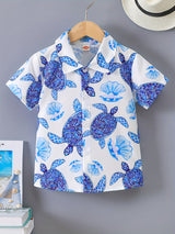 Hawaiian Holiday Turtle And Shell Print Boys Creative Shirt, Casual Short Sleeve Lapel Shirt Tops, Boys Clothes For Summer Outdoor